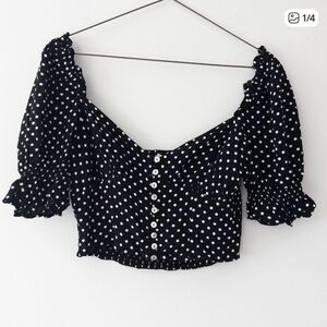 Cleobella Black Polka Dot Puff Sleeve Crop Top